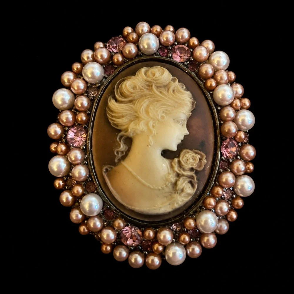 Vintage Cameo Brooch Large Victorian Costume Jewelry Faux Pearls Oval Shape